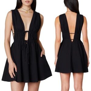 Nia Sardinia Plunge Gauze Black Mini Dress Sz Small